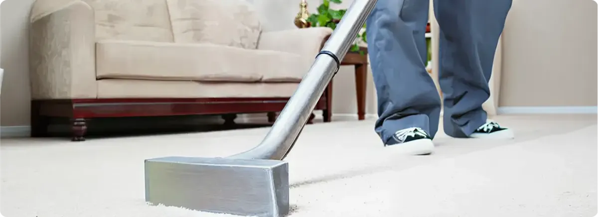 Carpet cleaning technician using a hot-water extraction wand on a light-colored carpet in a living room, Peoria, IL.